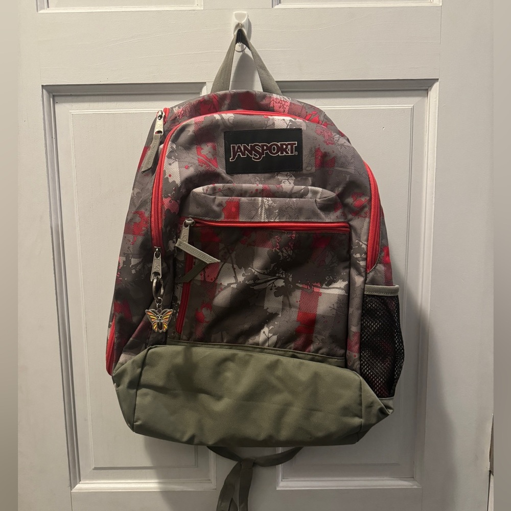 JanSport backpack gray pink squares 18"x15"